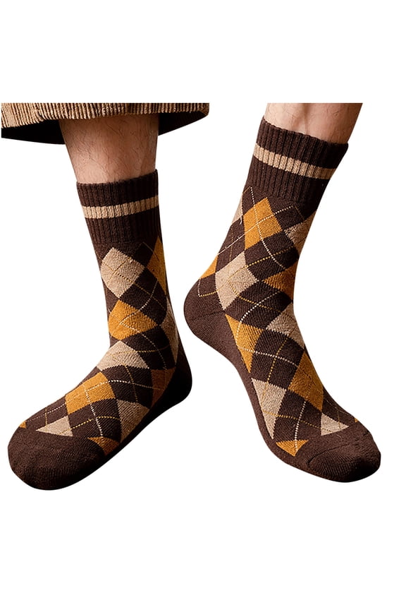 Men Winter Terry Mid Tube Socks Diamond Pattern Thick Warm Casual