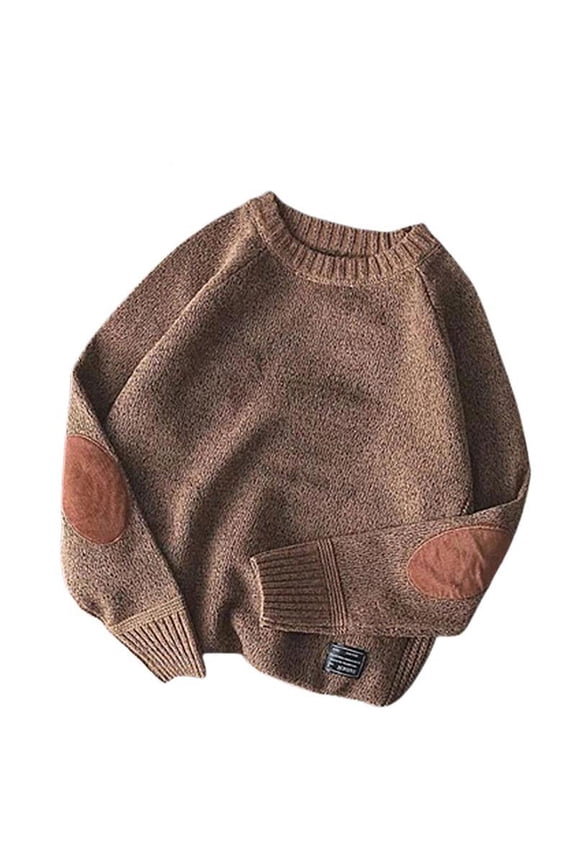 Men Winter Thick Chunky Knit Long Sleeve Sweater Vintage Elbow Patch Faux Wool Pullover Top Solid Color Casual Loose Jumper Shirt Streetwear
