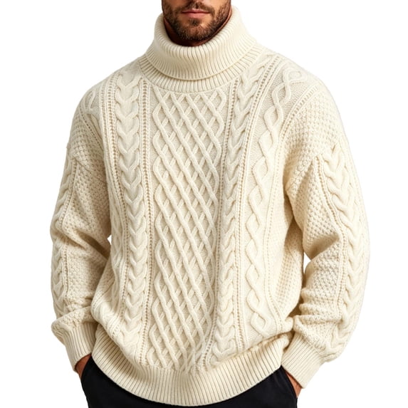 Men Winter Thicken Fleece Lined Cable Knit Turtleneck Pullover Relaxed Fit Long Sleeve Warm Knitted Sweater