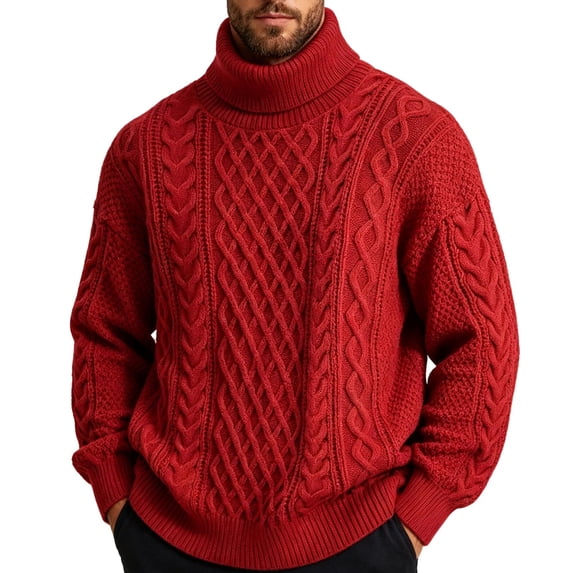 Men Winter Thicken Fleece Lined Cable Knit Turtleneck Pullover Relaxed Fit Long Sleeve Warm Knitted Sweater