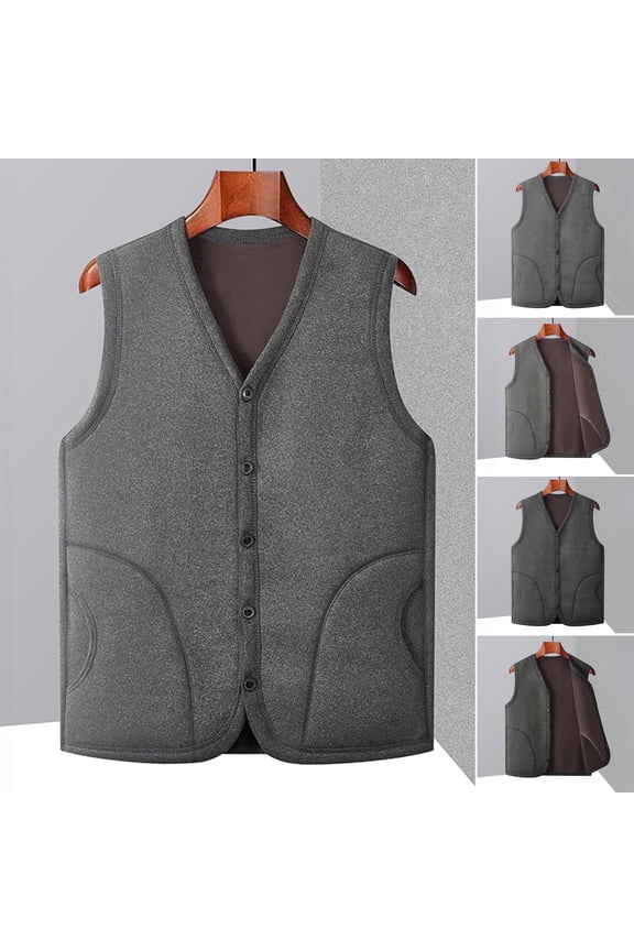 Men Winter Vest Coat - V-Neck Sleeveless Single-B reasted Waistcoat Solid Color Thickened Velvet Lining Bottoming Tops