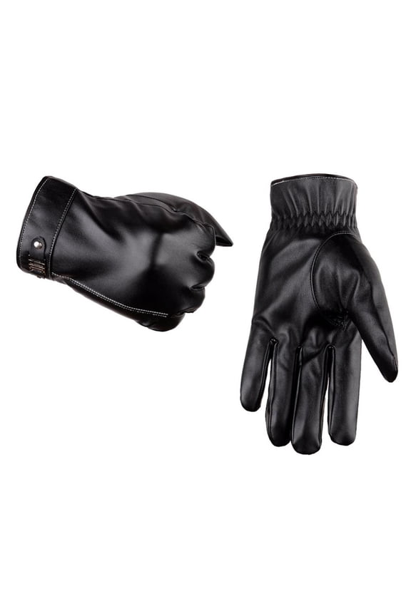 Men Winter Warm Gloves With Wool Lining Leather Touchscreen Snap Closure Cycling Black