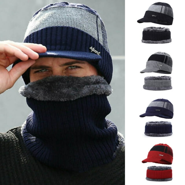 Men Winter Warm Hat Knit Beanie+Bibs Thick Fleece Lined Beanie with