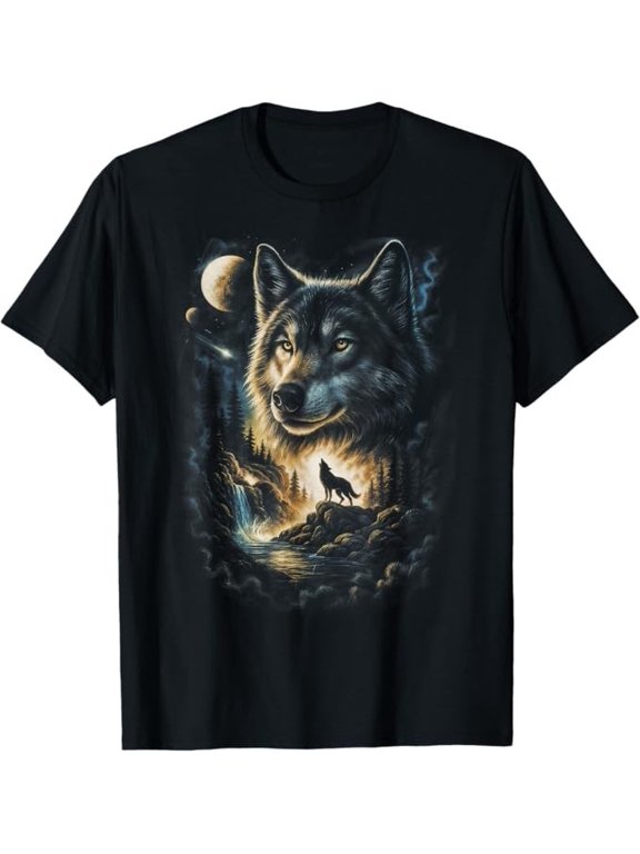Men Wolf Howling Moon Forest Wildlife T-Shirt