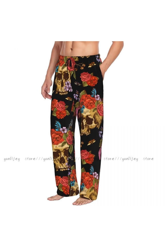 Men Woman Sleep Bottoms Male Lounge Trousers Mens Woman Skulls Flowers And Foliage Pajama Pants