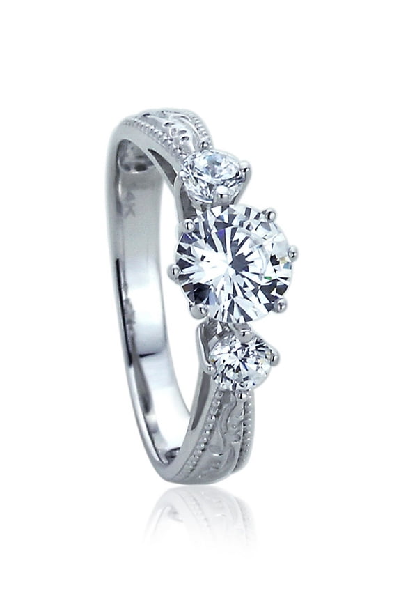 Men Women 14K White Gold Wedding Ring Art Deco Design 1 Carat Round CZ Three Stone Anniversary Ring