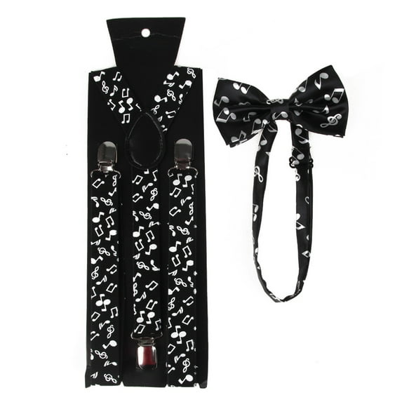 Men Women 2 In 1 Suspenders Bow Tie Set Black White Music Notes Piano Keyboard P