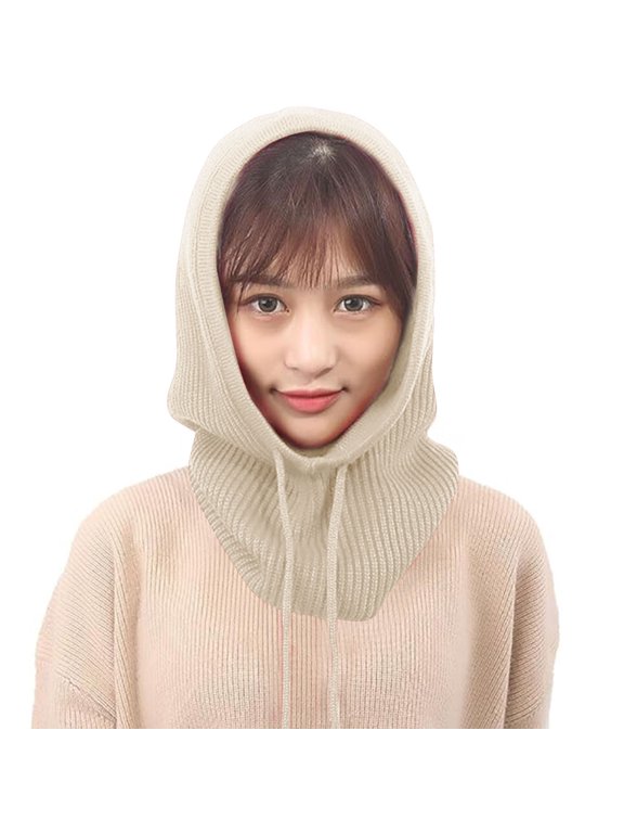 Men Women 2-in-1 Knitted Balaclava Hood, Winter Hat and Scarf Combo for Skiing Hiking, Windproof Hooded Scarf for Cold Weather Outdoor Activities, Adjustable Pullover Hat - White