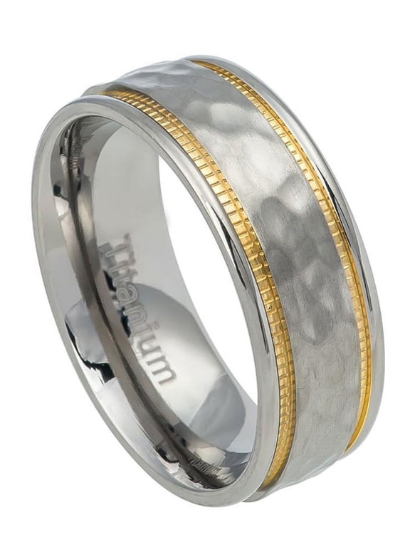 Men Women 7.5MM Comfort Fit Titanium Wedding Band Hammered Center Gold Tone Milgrain Titanium Ring (Size 5 to 12)
