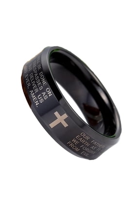 Men Women 8 mm Tungsten Carbide Black Ring Engraved English Bible Lords Prayer Cross Band