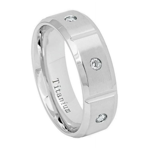 Men Women 8MM Comfort Fit Titanium Wedding Band Brushed Center Polish Beveled Edge CZ Titanium Ring (Size 7 to 15)