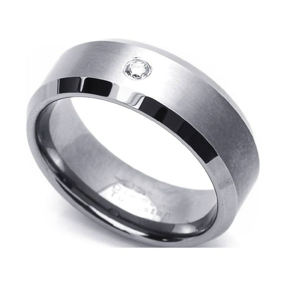 Men Women 8MM Comfort Fit Tungsten Carbide Wedding Band 0.07 cttw Diamond Beveled Edges Tungsten Ring (8 to 14), 9.5