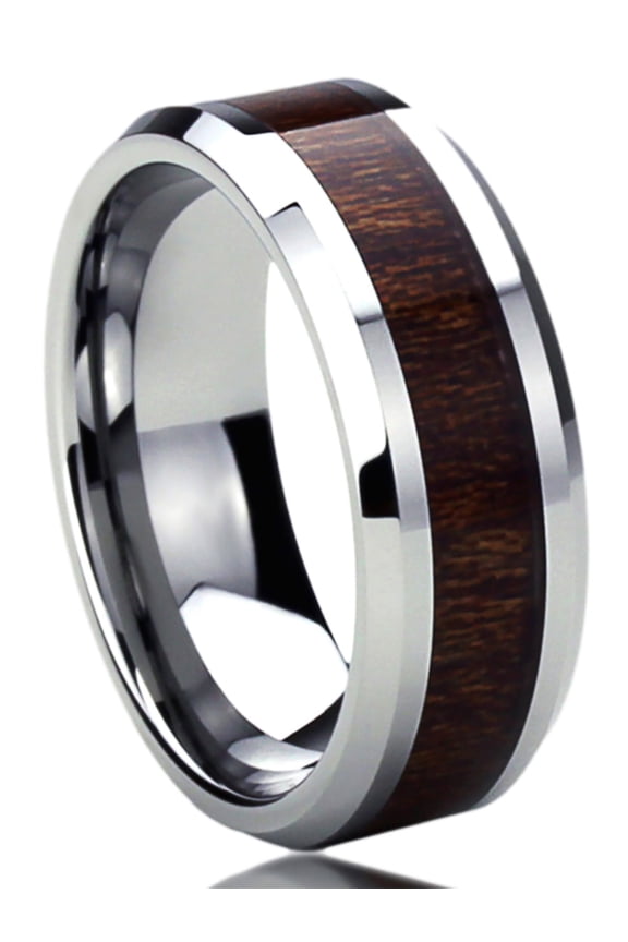 Men Women 8MM Titanium Comfort Fit Wedding Band Ring Wood Grain Inlay Beveled Edges Ring (6 to 14)