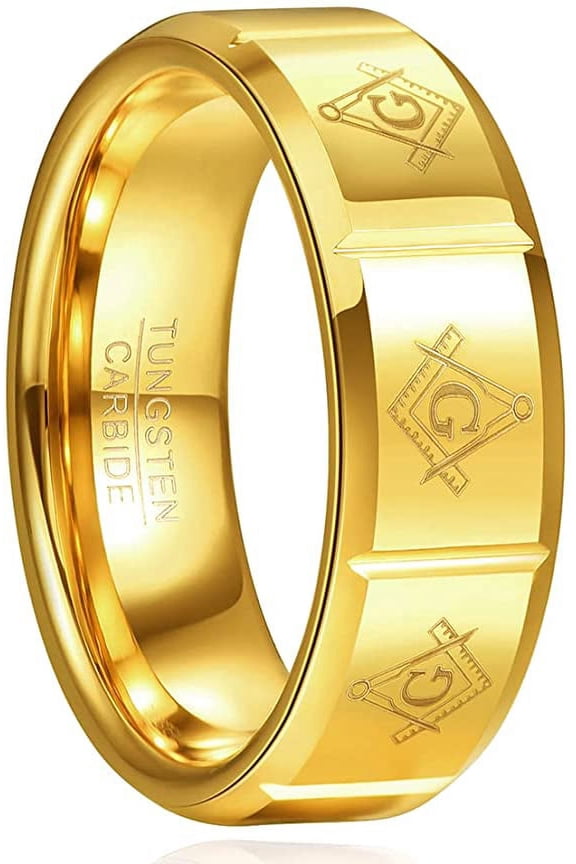 Men /Women 8mm Gold Tungsten Carbide Ring with Laser Masonic Symbol Tungsten Wedding Band Rings Beveled Edges Comfort Fit Size 7-12