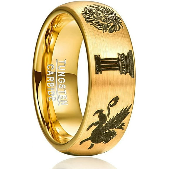 Men /Women 8mm Gold Tungsten Carbide Rings with San Marco Flying Lion and Roman Column Laser Patterns Tungsten Wedding Bang Ring for Men Brushed Finish Comfort Fit Size 7-12