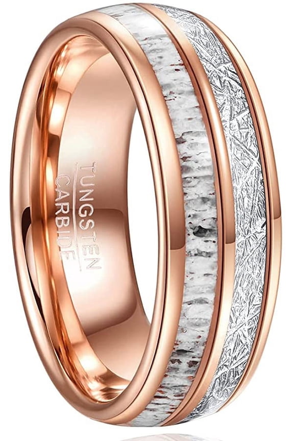 Men /Women 8mm Rose Gold Tungsten Carbide Ring inlaid Antlers and Meteorite Rings for Men Comfort Fit Size 7-12