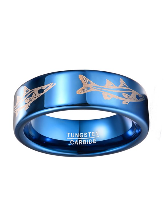 Men Women 8mm Tungsten Carbide Plating Blue Ring Laser Fish Pattern