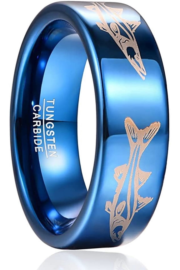 Men /Women 8mm Tungsten Carbide Ring Electroplated Blue Laser Fish-shaped Pattern Tungsten Steel Ring Suitable Comfort Fit Size 7-12