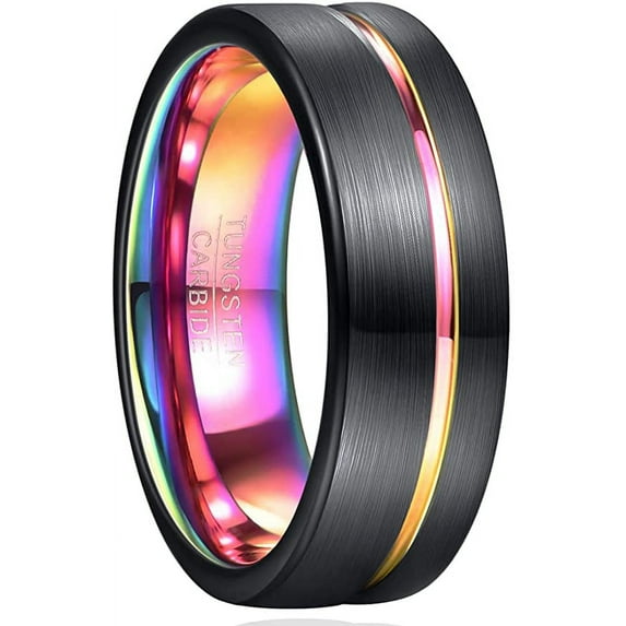 Men /Women 8mm Tungsten Carbide Ring for Electroplating Color Inner Ring Brushed Black Outer Ring, Groove Electroplating Color Comfort Fit Size 7-12