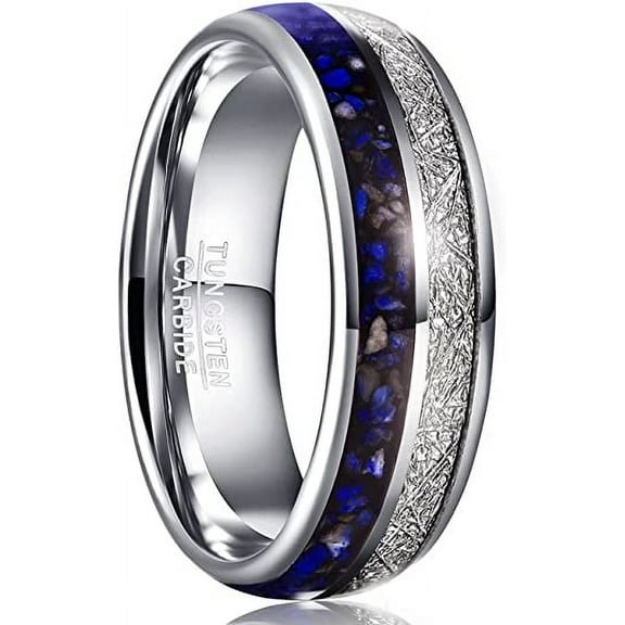 Men /Women 8mm Tungsten Carbide Ring for Men Women Lapis Lazuli and Imitation Meteorite Inlay Wedding Band Domed Style Size 7-12