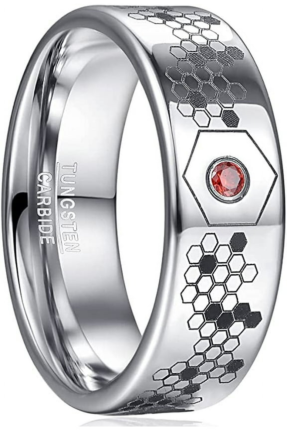 Men /Women 8mm Tungsten Carbide Ring with Red Zircon Printed Organic Molecular Pattern Comfort Fit Size 7-12