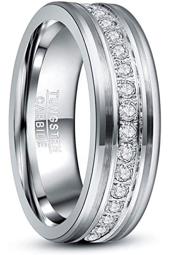 Men /Women 8mm Tungsten Carbide Rings Cubic Zirconia Wedding Band High Polished Comfort Fit Size 7 - 13