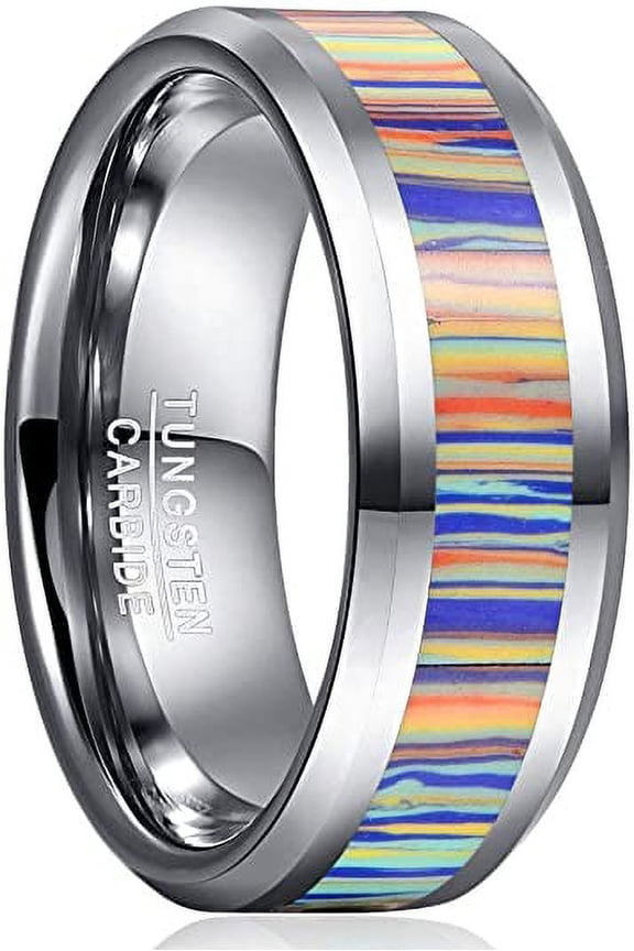 Men /Women 8mm Tungsten Rings Artificial Stone Inlay Wedding Bands Eternity Engagement Ring Beveled Edges Comfort Perfect Gift Fit Size 7-12