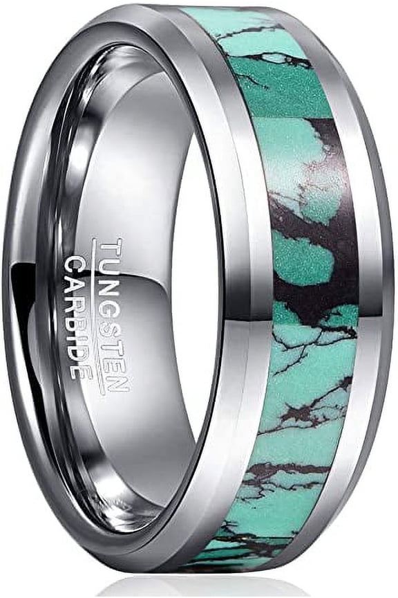 Men /Women 8mm Tungsten Wedding Rings Turquoise Inlay Engagement Anniversary Band Rings Comfort Fit Size 7-12