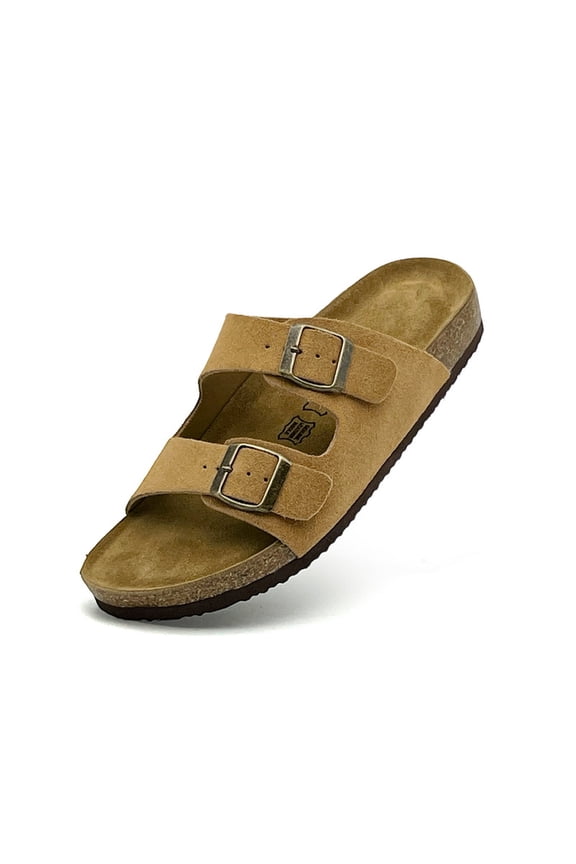 Men Women Adjustable Double Buckle Strap Sandals Suede with Cork Footbed Comfortable Flat Summer Beach Non-Slip Slides Holiday Casual Walking Brown