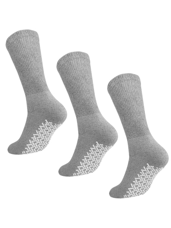 Men Women Anti Slip Grip Non Skid Crew Cotton Diabetic Socks For Home Hospital 3-pack Gray 10-13