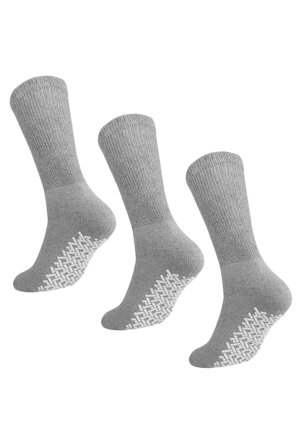 Men Women Anti Slip Grip Non Skid Crew Cotton Diabetic Socks For Home Hospital 3-pack Gray 9-11
