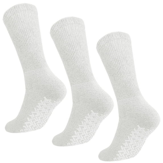 Men Women Anti Slip Grip Non Skid Crew Cotton Diabetic Socks For Home Hospital 3-pack White 10-13