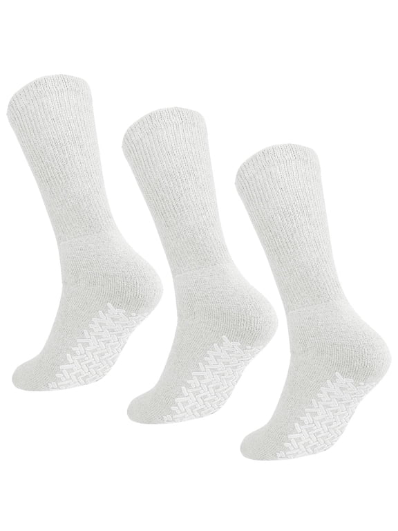 Men Women Anti Slip Grip Non Skid Crew Cotton Diabetic Socks For Home Hospital 3-pack White 10-13