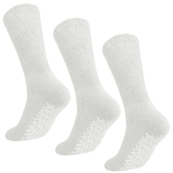 Men Women Anti Slip Grip Non Skid Crew Cotton Diabetic Socks For Home Hospital 3-pack White 9-11