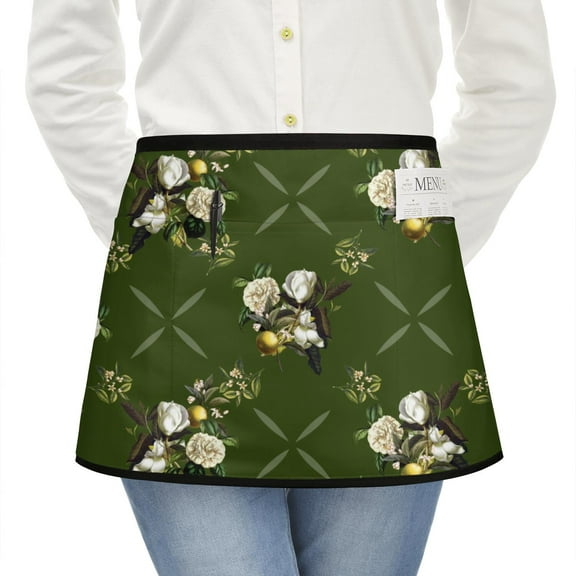 Men Women Aprons with Pockets Work Waist Apron Green Classical Floral Half Apron