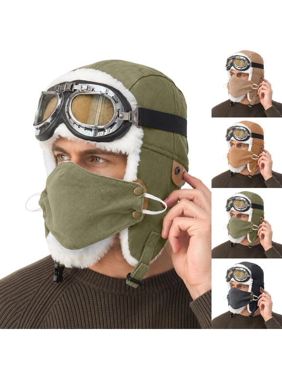 Men Women Aviator Trapper Hat Winter Pilot Hat Fleece Lined Earflap Cap with Goggles for Men Women Outdoor Ski Daily Wear