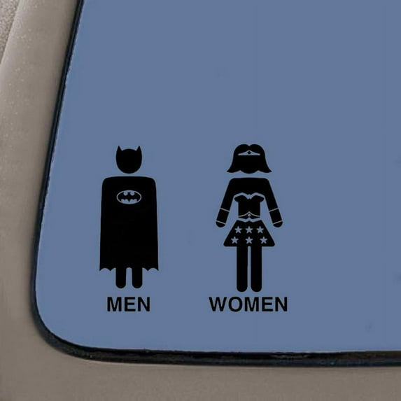 Men & Women Bathroom Decal | Batman & Wonder Woman Decal | Black Vinyl Decal | 7-Inches Wide | Car Truck Van SUV Laptop Macbook Wall Decals