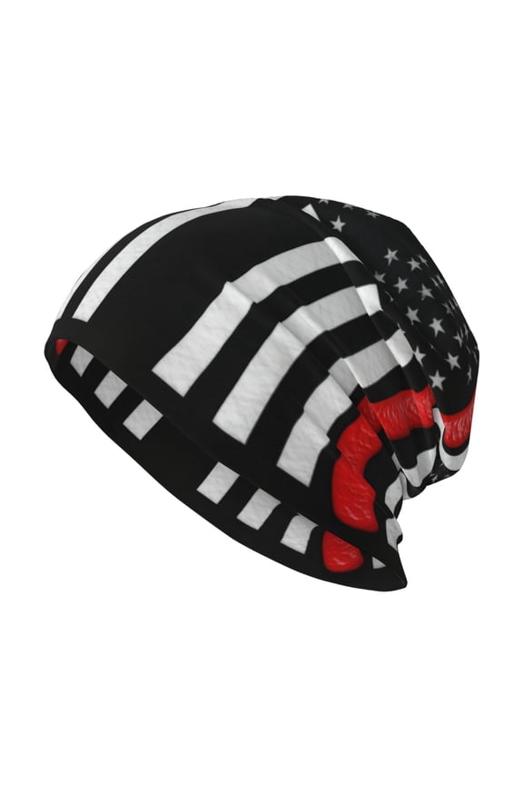 Men Women Beanie Skull Cap Thin Red Firefighter Line Axe Flag Pattern Slouchy Beanie Hat For Outdoor Running Work