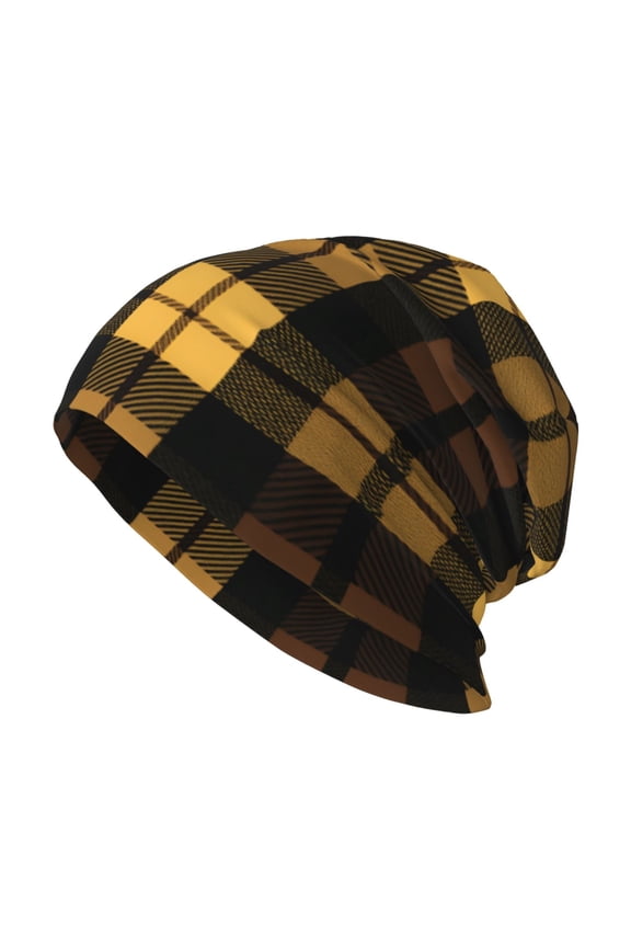 Men Women Beanie Skull Cap Yellow And Black Plaid Slouchy Beanie Hat For Outdoor Running Work