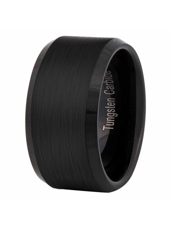 Men Women Black 12mm Tungsten Carbide Ring Cool Wedding Engagement Band Matte Finish Beveled Edge Comfort Fit