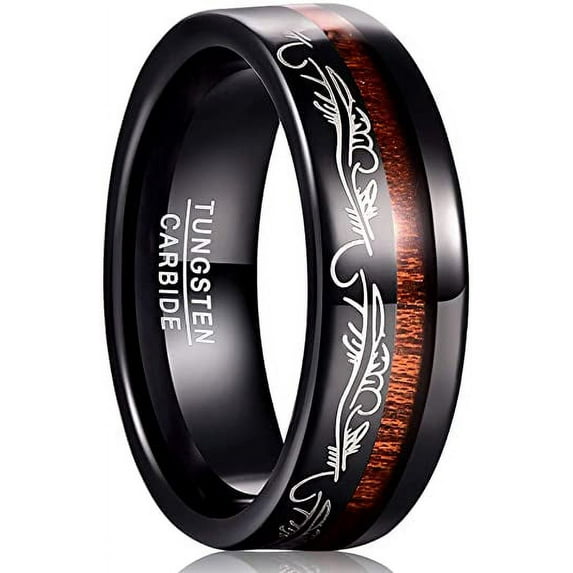 Men /Women Black Tungsten Ring 8mm Koa Wood Inlay Wedding Band Laser Pattern Engagement Ring Comfort Size 7-12