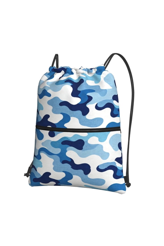 Men Women Blue Camouflage Sport Gym Water Resistant Sackpack Drawstring Backpack Bag