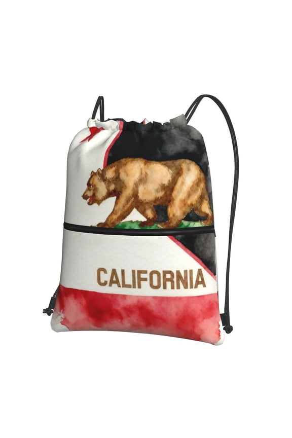 Men Women California Outline And Flag Sport Gym Water Resistant Sackpack Drawstring Backpack Bag