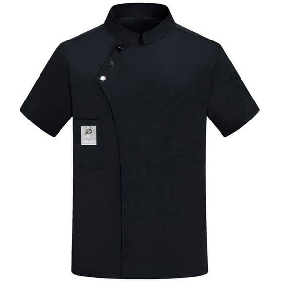 Men Women Chef Coat Short Sleeve Button Closure Stand Collar Chef Work Clothes Uniform for Restaurant Kitchen Hotel Black XL
