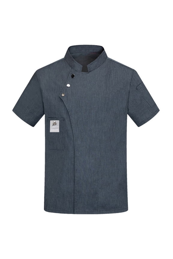 Men Women Chef Coat Short Sleeve Button Closure Stand Collar Chef Work Clothes Uniform for Restaurant Kitchen Hotel Gray M