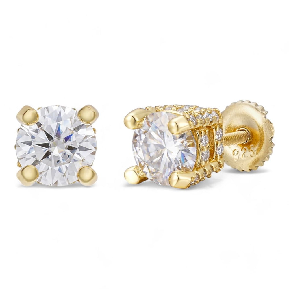 Men Women Classic Yellow Gold Plated 925 Sterling Silver Fully Iced Cz Round Solitaire Stud Earrings Screw Back Stud Circle Earrings 9 Millimeters Unisex Small Earring Studs