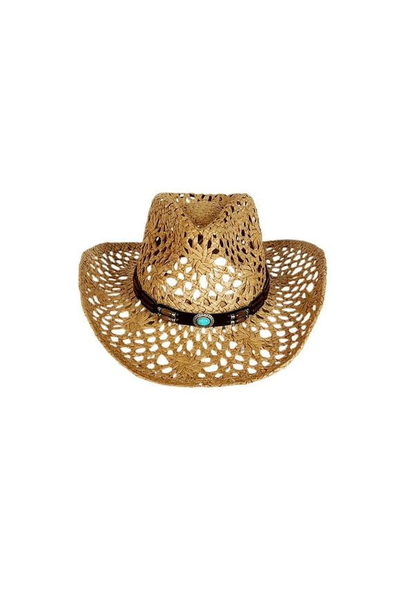 Men Women Cowgirl Hat Hollowed Wide Brim Western Cap with Gem Belt Sun Protection Straw Hat Retro Beach Sun Hat for Outdoor Party