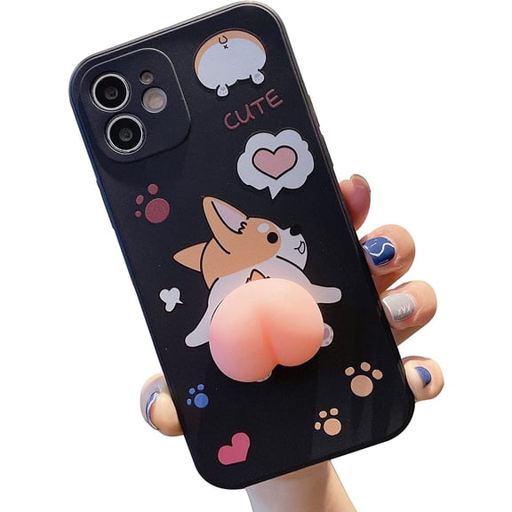 Men Women Creative Funny Novelty Waving 3D Big Pink Butt Animals Soft TPU Silicone Rubber Phone Case, Pressure Stress Releasing Cover for iPhone 15 Pro, Full Body Protection - Corgi Butt Black