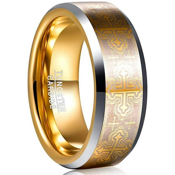 Men /Women Cross Ring 8mm Gold Plated Tungsten Carbide Wedding Ring Beveled Edge High Polished Comfort Fit Size 10
