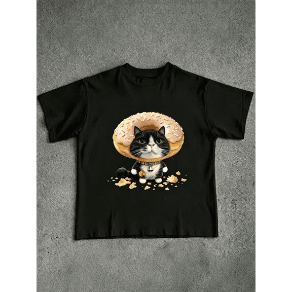 Men Women Cute Black White Cat Donut Graphic T-Shirt, Funny Sprinkles Pink Donut Kitten Bell Collar Cartoon Short Sleeve Tee